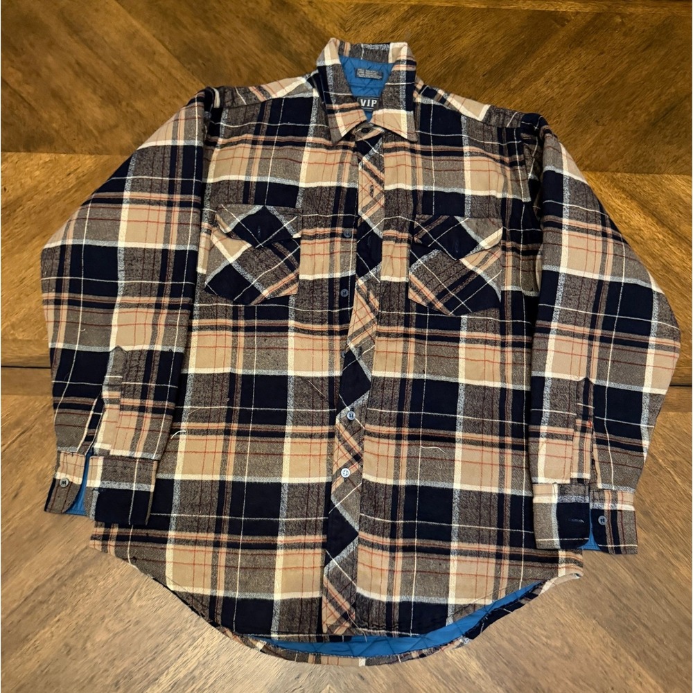 VIP Mens Quilted Flannel Shirt Jacket Plaid Tan Navy Blue Size Medium Button Up